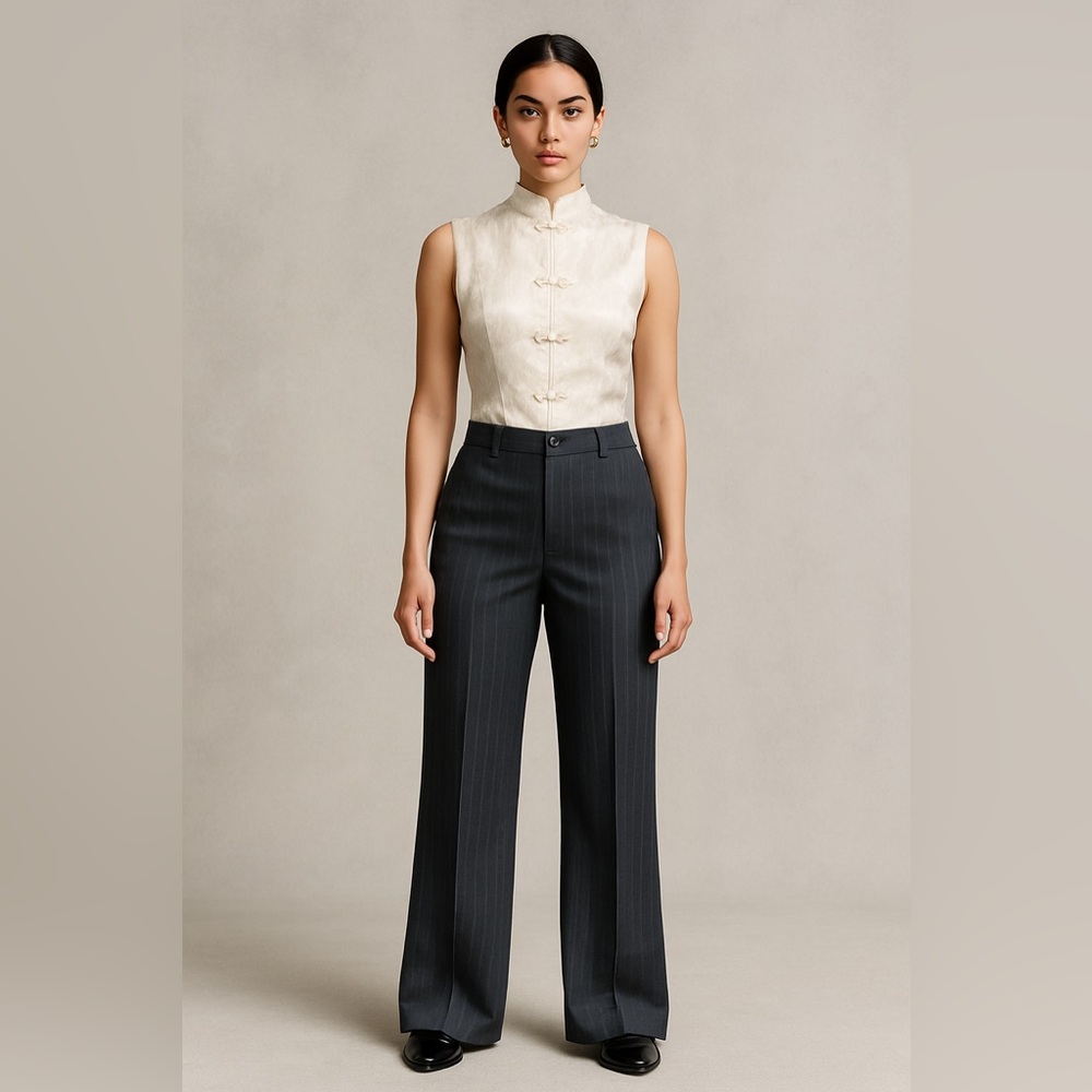 Della Spiga Italian Black Pinstripe Wide leg High Waisted Belted Pants
